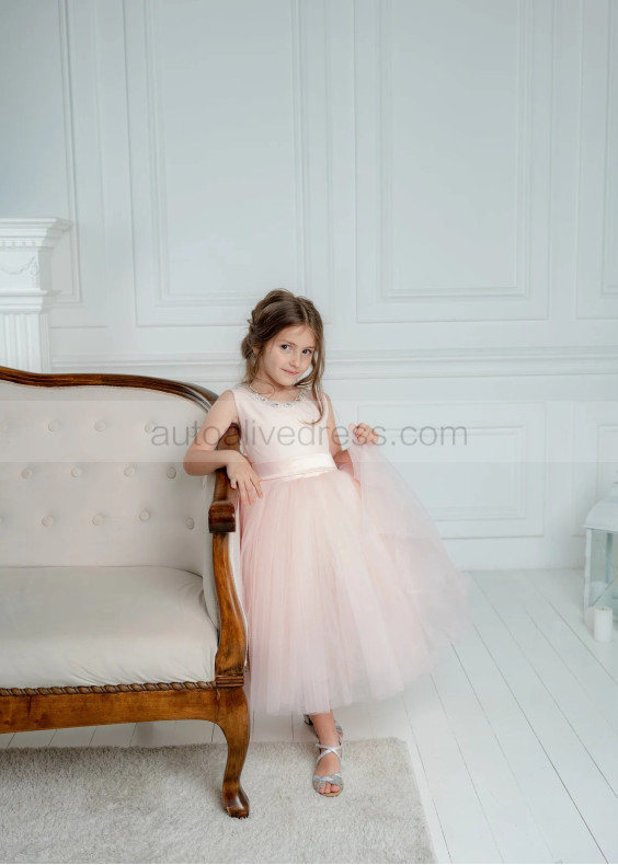 Pink Satin Tulle Beaded Tea Length Flower Girl Dress